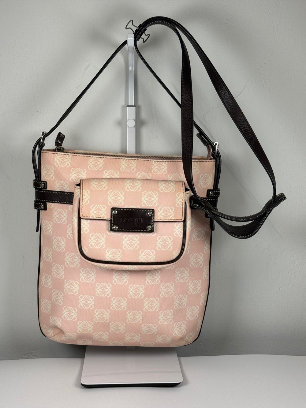 Loewe Pink Anagram-Print Crossbody with Dark Trim and detachable pouch